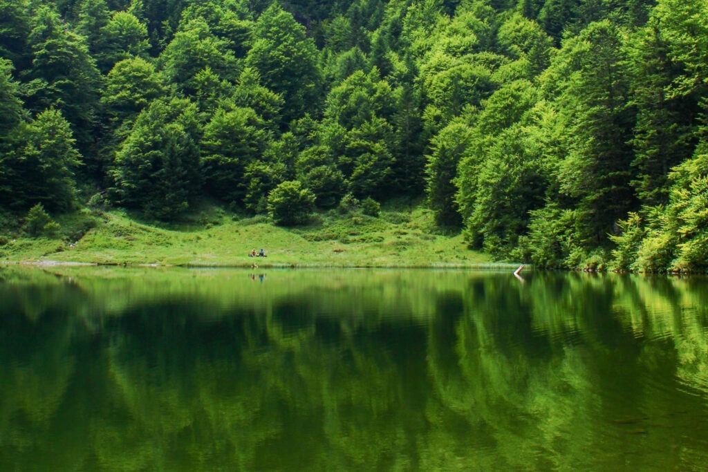 Le superbe étang de Guzet, dans son écrin de verdure, au coeur du Couserans, est longé par le GR10