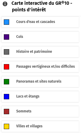 Légende de la carte interactive du GR10 avec les principaux points d'intérêt par catégorie : lacs, cols, sommets, paysages et points de vue, villages, passages délicats, cours d'eau, cascades, lieux historiques.